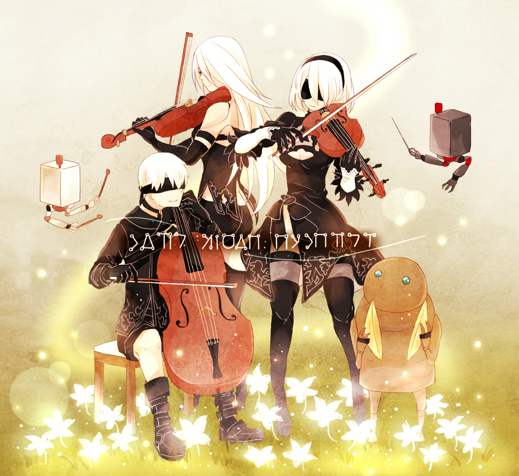 1boy, 2b_(nier:automata), 2girls, 9s_(nier:automata), a2_(nier:automata), axi125, black_dress, black_thighhighs, blindfold, boots, breasts, choker, cleavage, cleavage_cutout, clothing_cutout, commentary, dress, flower, gloves, grass, instrument, juliet_sleeves, long_hair, long_sleeves, machine, medium_breasts, multiple_girls, music, nier:automata, nier_(series), outdoors, pale_skin, playing_instrument, pod_(nier:automata), puffy_sleeves, short_hair, shorts, sitting, standing, text_focus, thigh_boots, thighhighs, translated, white_hair