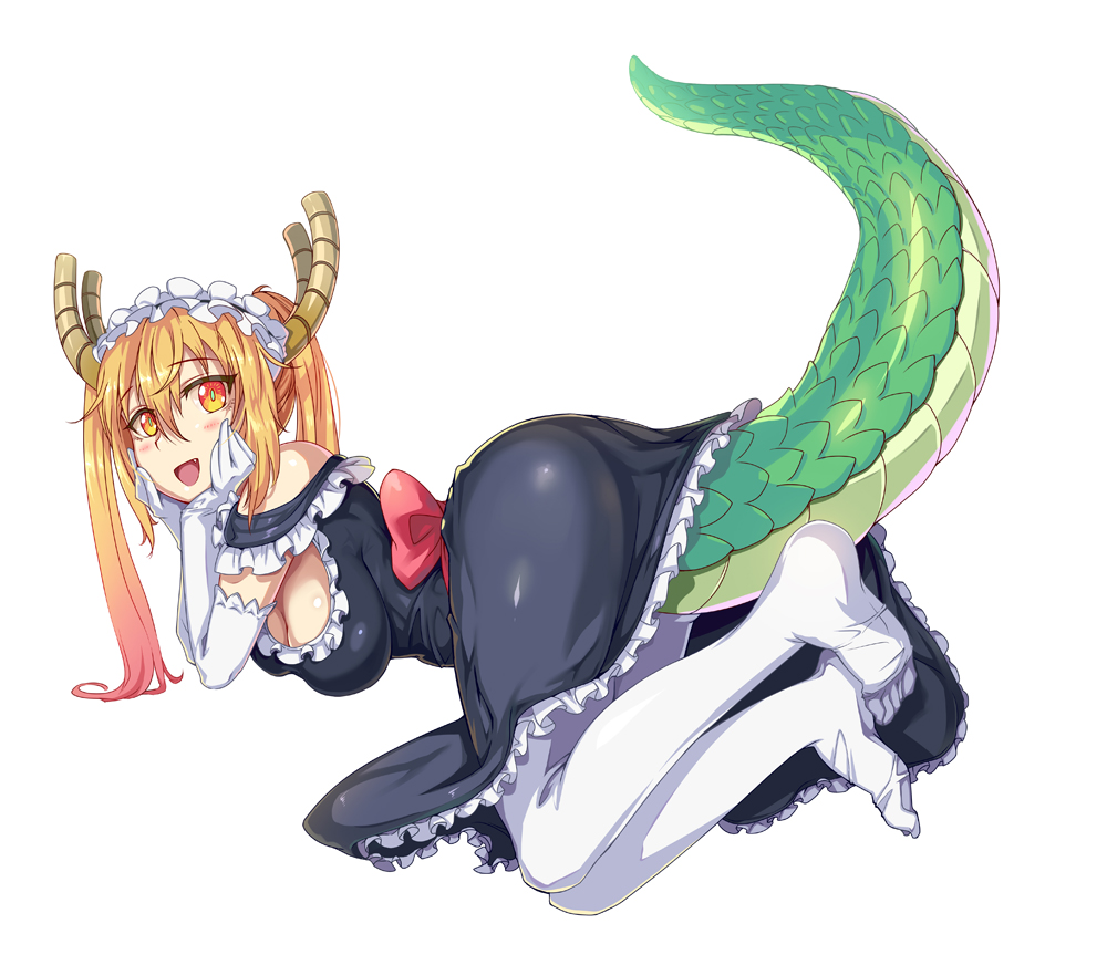 10s, 1girl, :d, bad_anatomy, bad_id, bad_pixiv_id, bare_shoulders, black_dress, blonde_hair, blush, blush_stickers, breasts, choudan, cleavage, dragon_girl, dragon_horns, dragon_tail, dress, fang, female_focus, frilled_skirt, frills, full_body, gloves, gradient_eyes, gradient_hair, hair_between_eyes, hands_on_own_cheeks, hands_on_own_face, hands_up, head_rest, horns, kobayashi-san_chi_no_maidragon, large_breasts, long_hair, looking_at_viewer, maid, maid_headdress, multicolored_eyes, multicolored_hair, no_shoes, off_shoulder, open_mouth, orange_eyes, orange_hair, pantyhose, sash, scales, shiny_clothes, sidelocks, simple_background, skirt, sleeveless, sleeveless_dress, smile, solo, tail, tohru_(maidragon), twintails, white_background, white_pantyhose, yellow_eyes