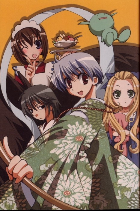 2boys, 2girls, apron, artbook, beads, black_hair, blonde_hair, bob_cut