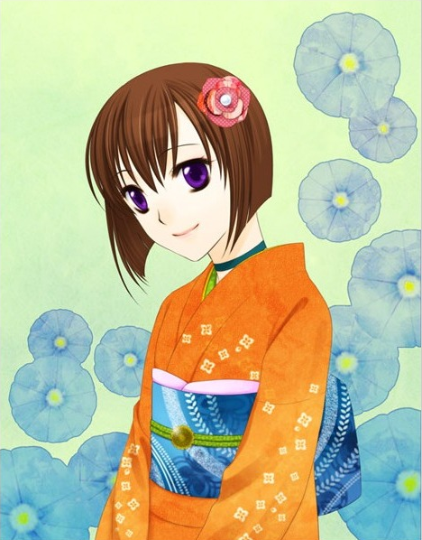 1girl, alternate_costume, alternate_headwear, bob_cut, brown_hair, choker, female_focus, floral_print, flower, hair_flower, hair_ornament, japanese_clothes, kimono, purple_eyes, sakura_maccha, short_hair, smile, solo, tactics, youko_(tactics)