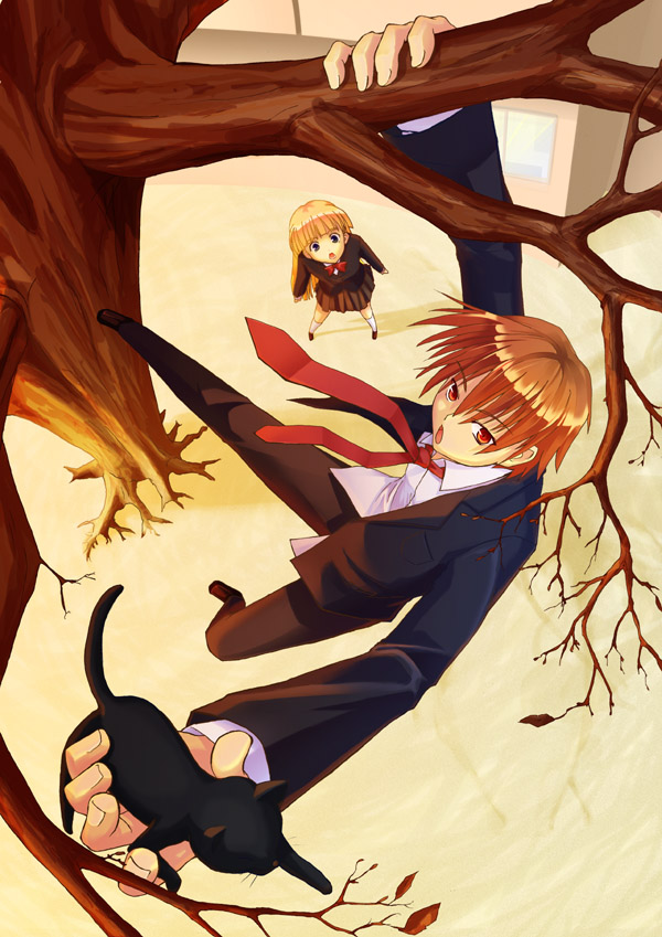 cat, kanata_daiki, necktie, original, school_uniform, tree