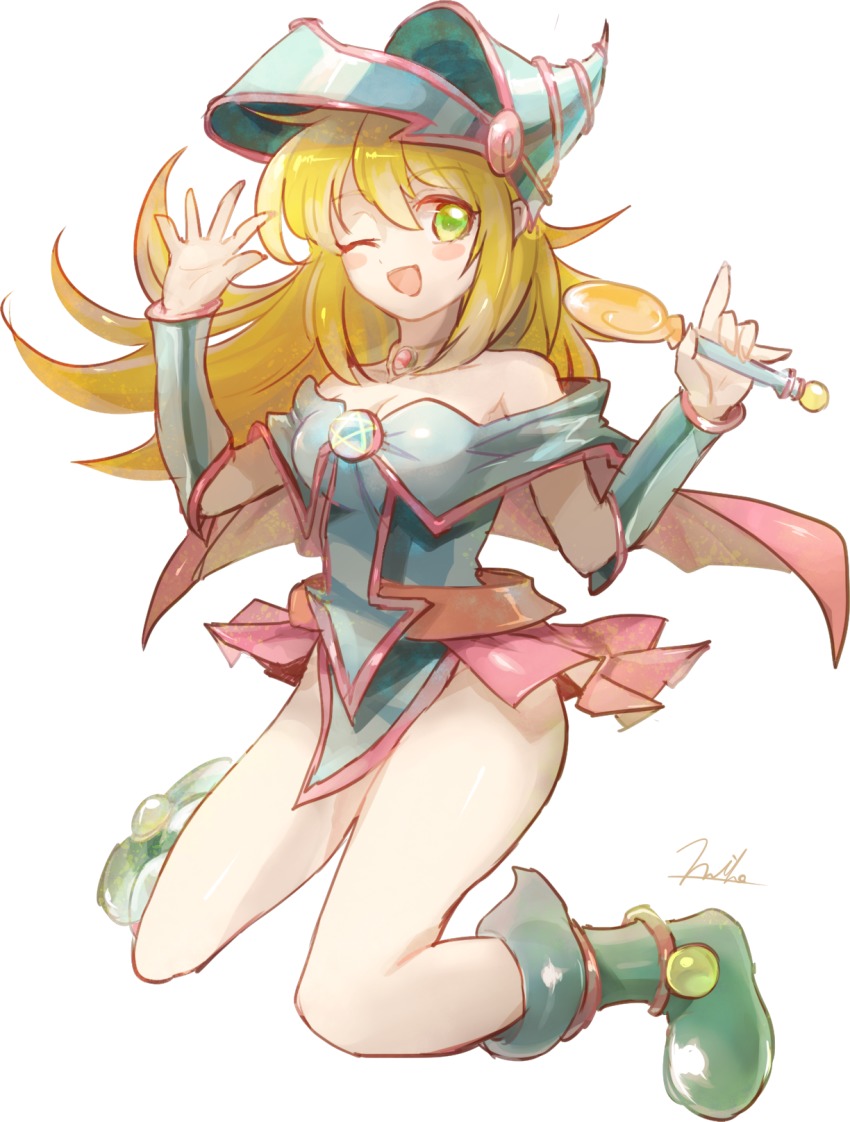 1girl, bare_legs, bare_shoulders, blonde_hair, blue_boots, blush, blush_stickers, boots, breasts, choker, cleavage, dark_magician_girl, duel_monster, female_focus, full_body, green_eyes, hat, highres, hosimihohosi, large_breasts, long_hair, looking_at_viewer, magical_girl, one_eye_closed, open_mouth, pentacle, shiny_skin, skirt, smile, solo, staff, standing, wink, wizard_hat, yu-gi-oh!, yu-gi-oh!_duel_monsters