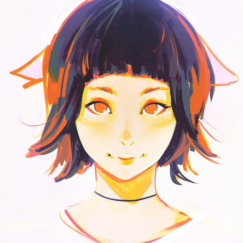 1girl, alternate_hairstyle, animal_ears, black_neckwear, blunt_bangs, brown_hair, choker, closed_mouth, female_focus, fox_ears, ilya_kuvshinov, looking_at_viewer, no_pupils, portrait, red_eyes, short_hair, simple_background, smile, solo, tactics, white_background, youko_(tactics)