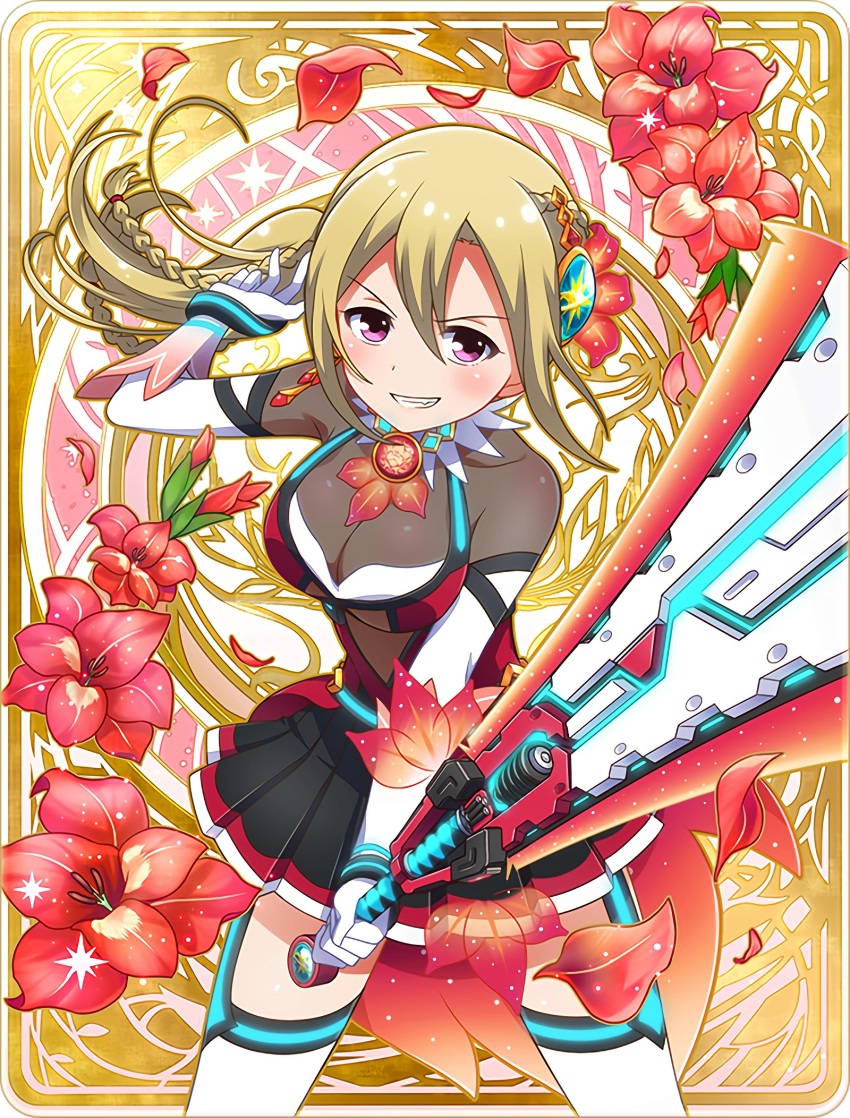 10s, 1girl, battle_girl_high_school, blonde_hair, blush, braid, breasts, cleavage