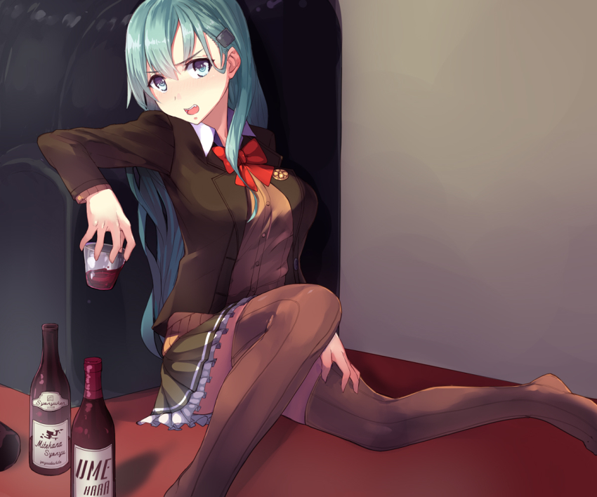 10s, 1girl, apo_(apos2721), brown_thighhighs, drunk, female_focus, hair_between_eyes, indoors