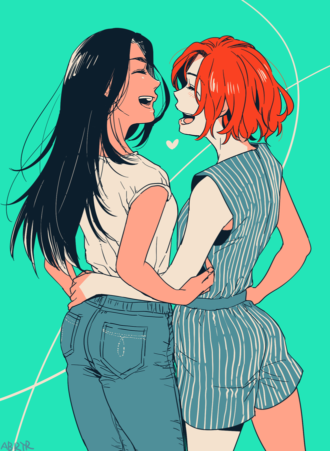 10s, 2girls, ^_^, ass, bad_id, bad_twitter_id, black_hair, blush, closed_eyes, dark-skinned_female, dark_skin, denim, from_behind, hand_on_another's_hip, heart, jeans, mila_babicheva, multiple_girls, open_mouth, pants, pun, red_hair, sara_crispino, shorts, smile, striped_clothes, striped_pants, striped_shorts, too_literal, yukataro, yuri, yuri!!!_on_ice