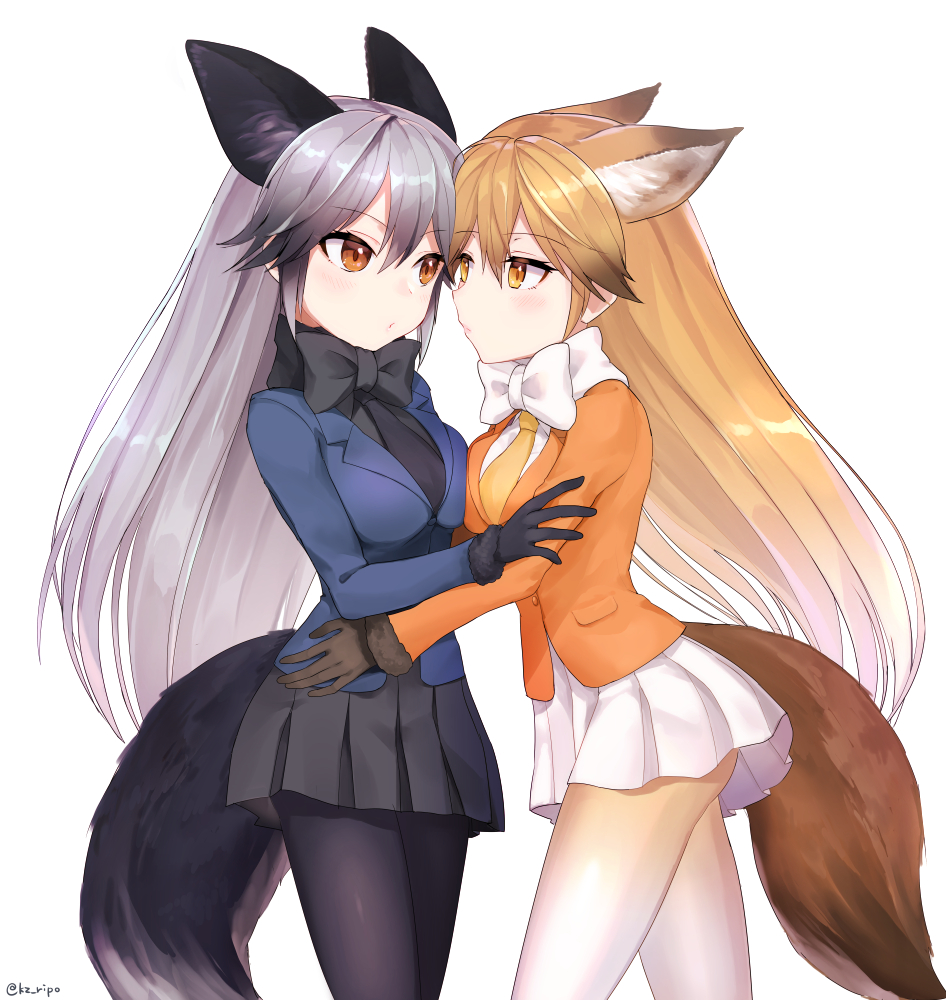 10s, 2girls, animal_ears, asymmetrical_docking, black_bow, black_hair, black_pantyhose, blonde_hair