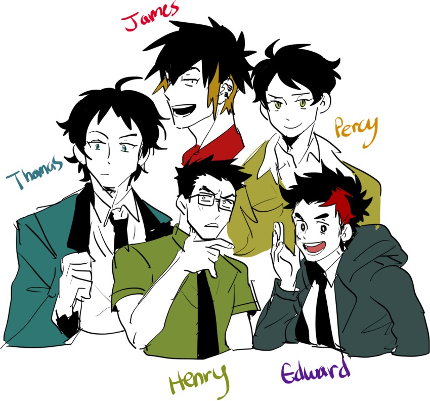 5boys, ahoge, bad_id, bad_twitter_id, black_hair, blazer, character_name, ear_piercing
