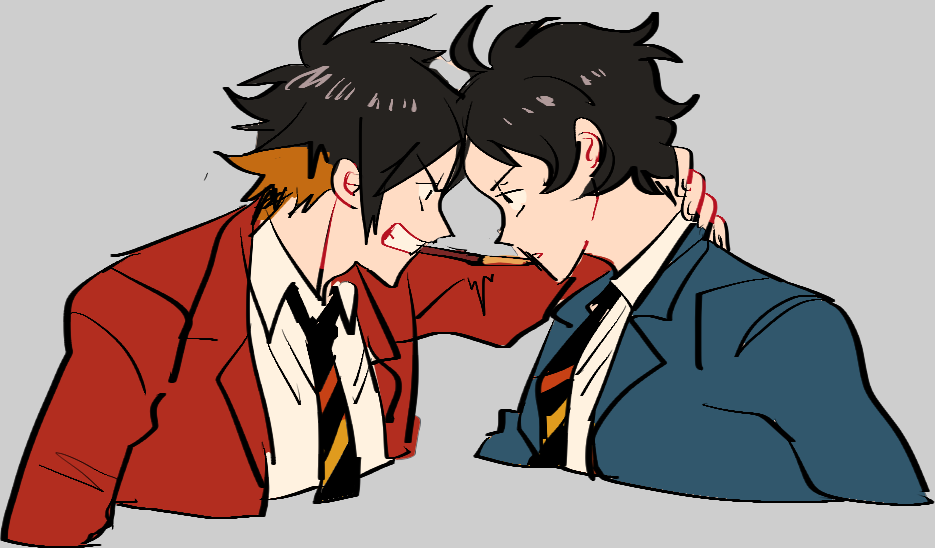 2boys, ahoge, angry, bad_id, bad_twitter_id, blazer, grey_background, hand_on_another's_head