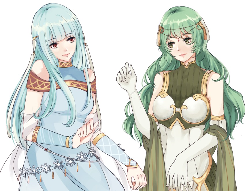 2girls, aqua_hair, arm_warmers, bare_shoulders, breasts, dress, elbow_gloves, fire_emblem
