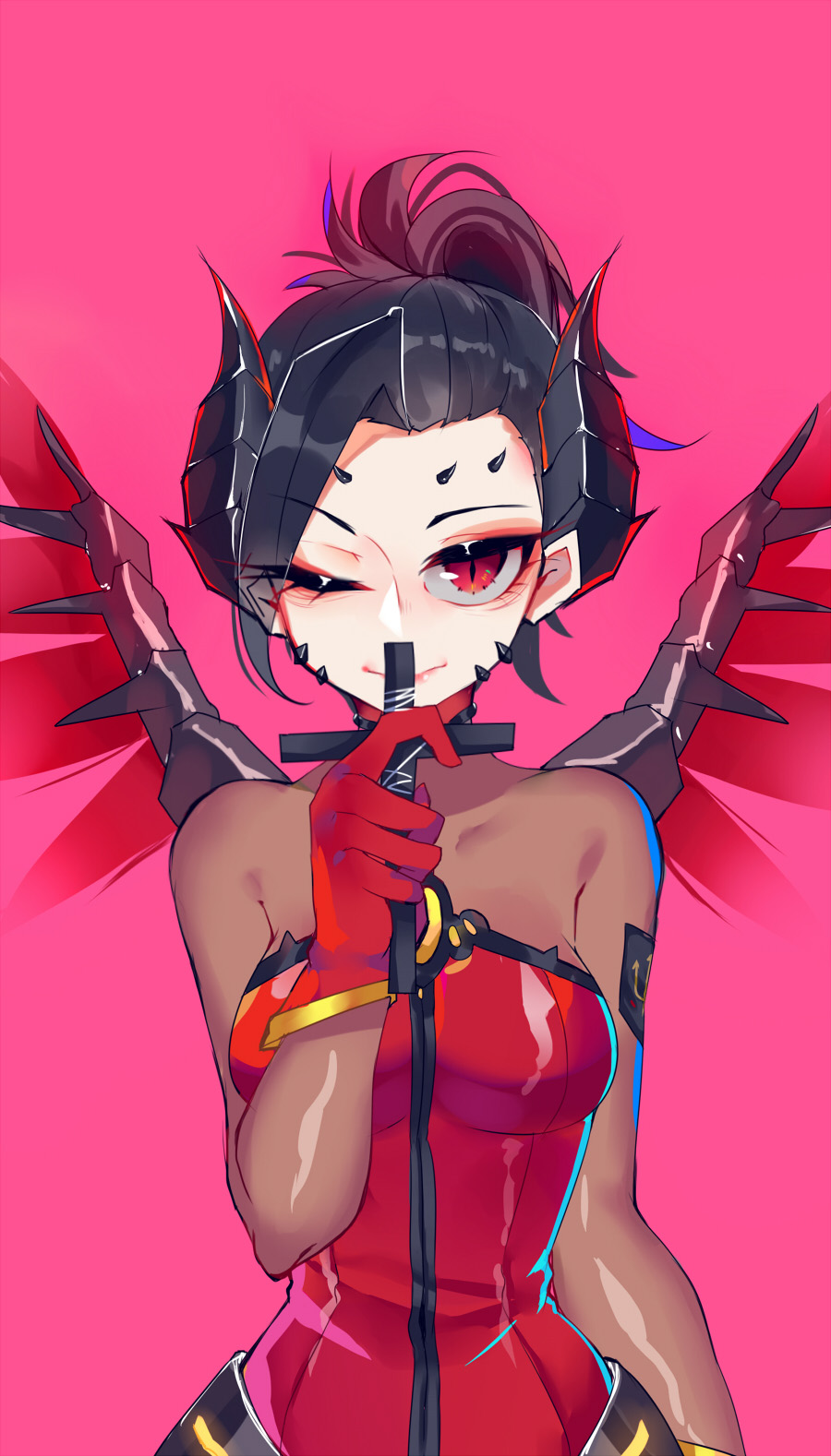 1girl, ahoge, alternate_breast_size, black_hair, bodysuit, breasts, cross, dark_persona