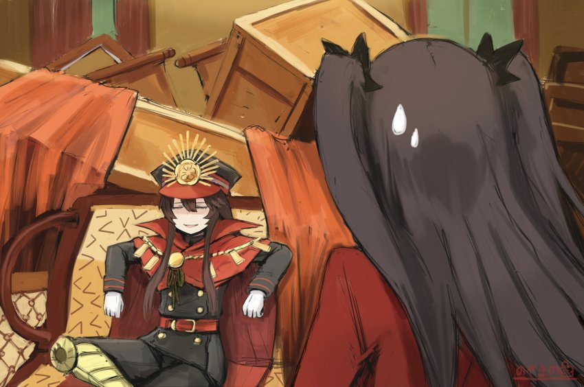 2girls, black_hair, buttons, cape, commentary_request, crest, curtains, cushion