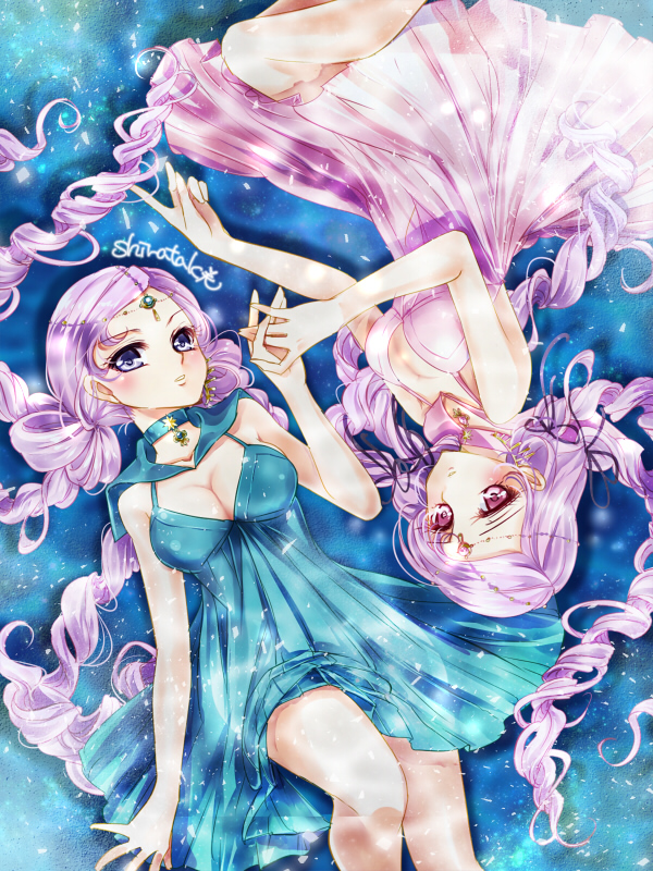 2girls, bishoujo_senshi_sailor_moon, bishoujo_senshi_sailor_moon_stars, blue_background, blue_dress, blue_neckwear, blue_sailor_collar, breasts