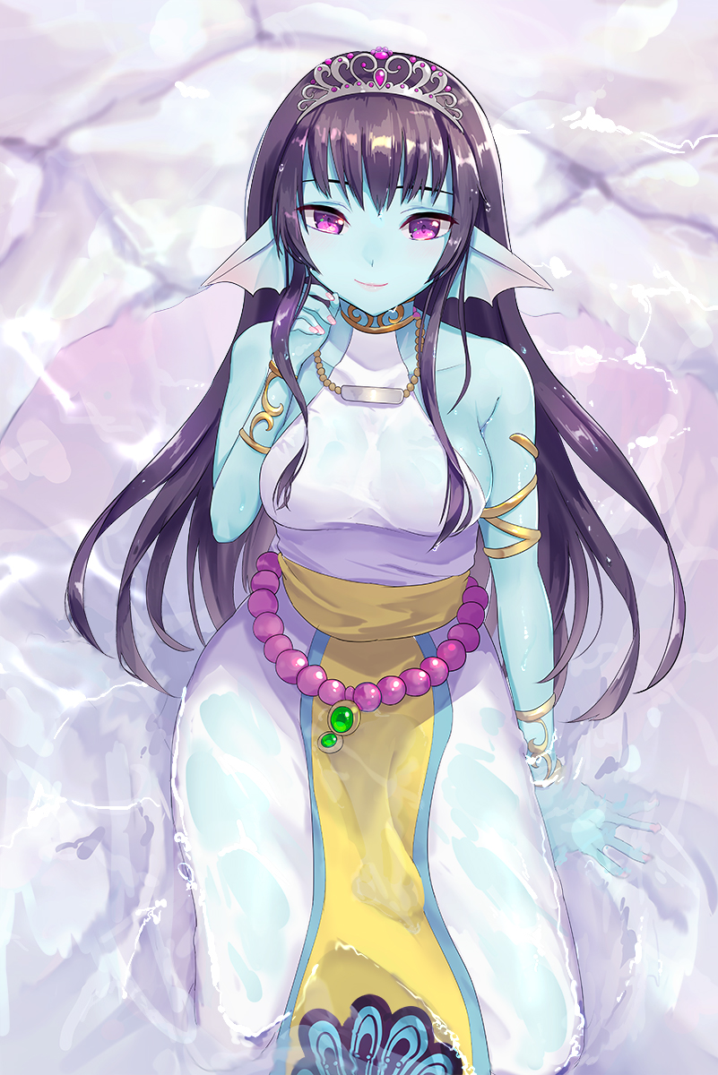 1girl, aqua_skin, bare_shoulders, beads, belly_chain, black_hair, blue_skin, breasts, colored_skin, dragon_quest, dragon_quest_x, dress, female_focus, fins, halterneck, head_fins, highres, jewelry, kz_ripo, long_hair, looking_at_viewer, medium_breasts, monster_girl, nail_polish, necklace, partially_submerged, purple_eyes, sash, seria_(dq10), sideboob, sitting, smile, solo, tiara, water, weddie_(dq10), wet, wet_clothes
