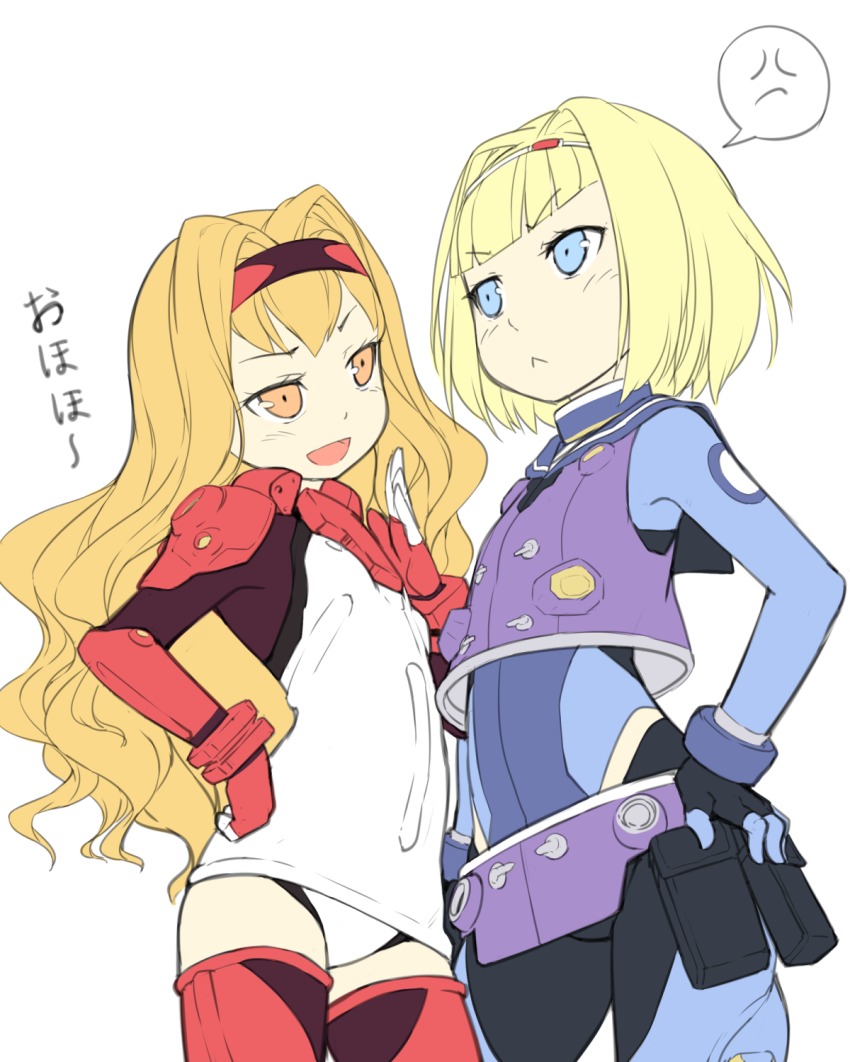 >:<, 10s, 2girls, :<, :d, anger_vein, angry, armor, armpits, ascii_media_works, belt, belt_pouch, black_hairband, blonde_hair, blue_bodysuit, blue_eyes, blush, blvefo9, bodysuit, boots, bracer, breastplate, brown_eyes, character_name, closed_mouth, contrapposto, cowboy_shot, drill_hair, eye_contact, fingerless_gloves, flat_chest, flat_color, from_side, frown, gloves, gorget, hair_intakes, hairband, hand_on_own_hip, hand_up, hands_on_own_hips, head_tilt, heavy_object, highres, hip_focus, image_sample, laughing, legs_apart, leotard, long_hair, looking_at_another, md5_mismatch, milinda_brantini, multiple_girls, ohoho_(heavy_object), ojou-sama_pose, open_mouth, orange_eyes, orange_hair, pauldrons, pilot_suit, pouch, purple_vest, red_thighhighs, rivalry, sailor_collar, short_hair, shoulder_armor, simple_background, smile, speech_bubble, spoken_anger_vein, standing, thigh_boots, thighhighs, translated, triangle_mouth, turtleneck, v-shaped_eyebrows, very_long_hair, vest, wavy_hair, white_background, white_hairband, white_leotard