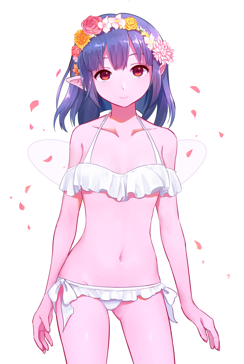 1girl, bikini, colored_skin, contrapposto, cowboy_shot, dragon_quest, dragon_quest_x, elf_(dq10)