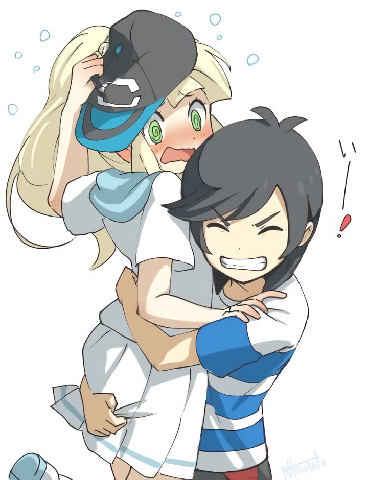 1boy, 1girl, baseball_cap, black_hair, blonde_hair, blush, carrying, closed_eyes, elio_(pokemon), green_eyes, hand_on_headwear, hat, lillie_(pokemon), long_hair, natsuno_hamuto, nintendo, open_mouth, pokemon, pokemon_sun_and_moon, shirt, short_hair, short_sleeves, simple_background, skirt, smile, striped_clothes, striped_shirt, teeth, white_background, white_shirt, white_skirt