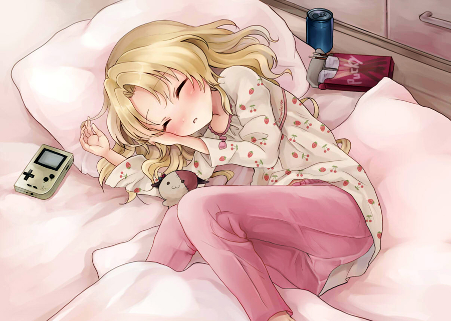 1girl, ass, barefoot, bed, black_bullet, blanket, blonde_hair, blush, bow, brand_name_imitation, can, cherry_print, closed_eyes, drink_can, female_focus, flat_chest, food, food_print, fruit_print, game_boy, game_boy_(original), handheld_game_console, katagiri_yuzuki, loli, long_hair, long_sleeves, nintendo, open_mouth, pajamas, panties, pants, pillow, pink_bow, pink_pants, pocky, print_shirt, shirt, sleeping, soda_can, solo, stuffed_animal, stuffed_dog, stuffed_toy, thighs, tomoeda_(ultimate_fools), underwear, white_panties, white_shirt