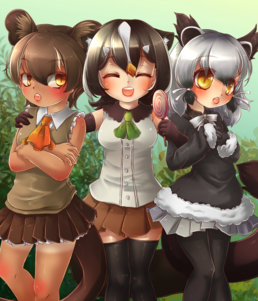 10s, 3girls, animal_ears, binturong_(kemono_friends), binturong_ears, binturong_tail, blush, bow
