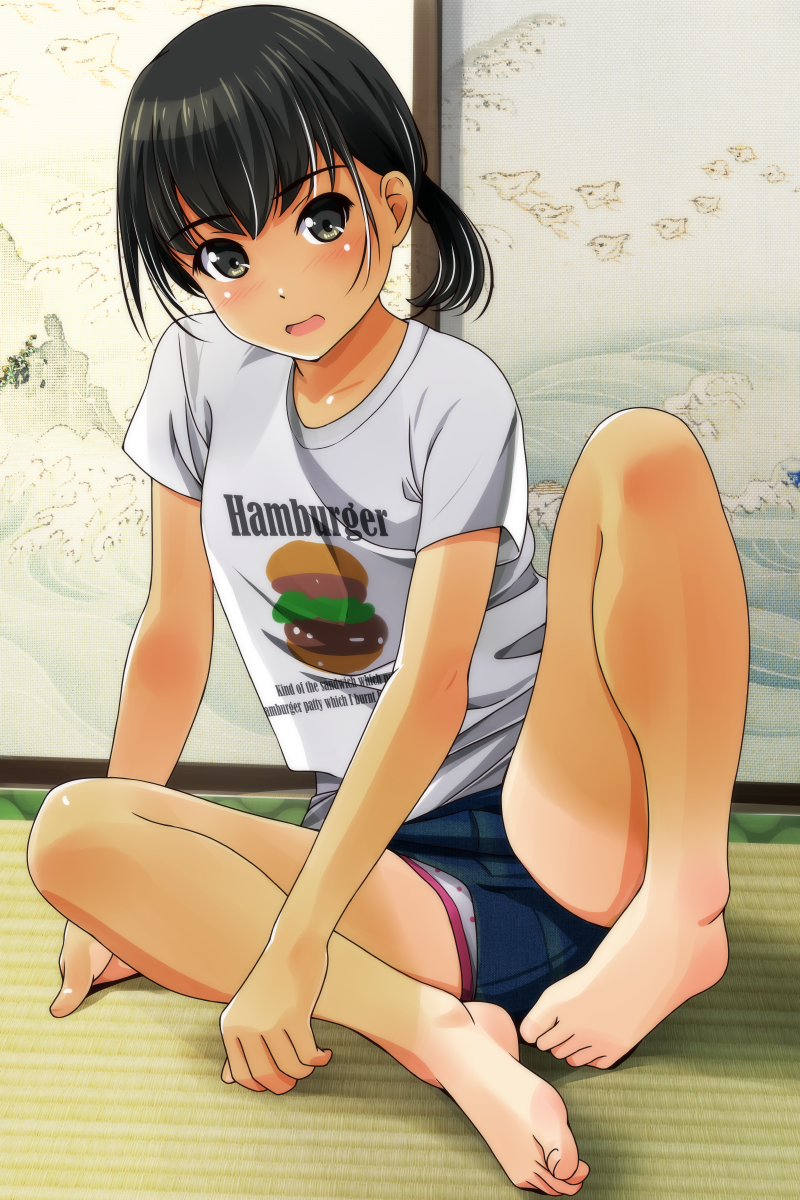 1girl, arm_support, barefoot, black_eyes, black_hair, blush, burger, burger_print, clothes_writing, english_text, engrish_text, feet, female_focus, food, food_print, full_body, highres, knees_up, loli, long_hair, looking_at_viewer, matsunaga_kouyou, on_floor, open_mouth, original, panties, panty_peek, polka_dot, polka_dot_panties, ponytail, print_shirt, ranguage, shirt, short_ponytail, short_shorts, short_sleeves, shorts, shouji, sitting, sliding_doors, smile, solo, spread_legs, t-shirt, tan, tanline, tatami, toe_scrunch, toes, underwear, upshorts, white_panties