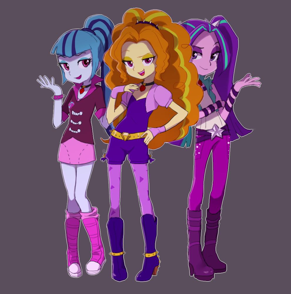 3girls, :d, adagio_dazzle, adagio_dazzle_(human), aqua_hair, aria_blaze, aria_blaze_(human), arm_up, arms_up, bad_id, bad_twitter_id, baekgup, belt, belt_buckle, belt_over_clothes, big_hair, black_neckwear, blonde_hair, blue_hair, blue_skin, blunt_bangs, boots, bracelet, breasts, buckle, choker, closed_mouth, colored_skin, commentary_request, cropped_vest, crossed_belts, curly_hair, cutoffs, equestria_girls:_rainbow_rocks, eyelashes, flat_chest, full_body, gem, grey_background, hair_intakes, hair_ornament, hairband, half-closed_eyes, hand_on_own_arm, hand_on_own_chest, hand_on_own_hip, hasbro, high_heel_boots, high_heels, high_ponytail, jewelry, knee_boots, knees_together_feet_apart, leaning_to_the_side, leggings, legs_apart, long_hair, looking_at_viewer, loose_socks, miniskirt, multicolored_hair, multiple_belts, multiple_girls, my_little_pony, my_little_pony:_equestria_girls, my_little_pony:_friendship_is_magic, open_hand, open_mouth, orange_hair, outline, pants, pantyhose, pencil_skirt, pigeon-toed, pink_boots, pink_eyes, pink_legwear, pink_skirt, polka_dot, polka_dot_pants, ponytail, popped_collar, puffy_short_sleeves, puffy_sleeves, purple_eyes, purple_footwear, purple_hair, purple_legwear, purple_pants, purple_skin, raised_eyebrow, shoes, short_jumpsuit, short_sleeves, shrug_(clothing), simple_background, skirt, sleeve_cuffs, sleeveless, sleeves_rolled_up, small_breasts, smile, smirk, socks, sonata_dusk, sonata_dusk_(human), spiked_belt, spiked_bracelet, spiked_hairband, spiked_shoes, spikes, standing, star_(symbol), star_hair_ornament, streaked_hair, tank_top, teeth, torn_clothes, torn_sleeves, triangle_print, tsurime, twintails, two-tone_hair, very_long_hair, vest, wavy_eyebrows, white_outline, wristband, yellow_skin