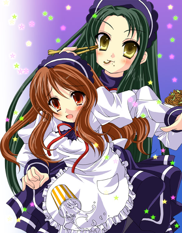 00s, 2girls, :o, apron, asahina_mikuru, blue_dress, blush, brown_hair