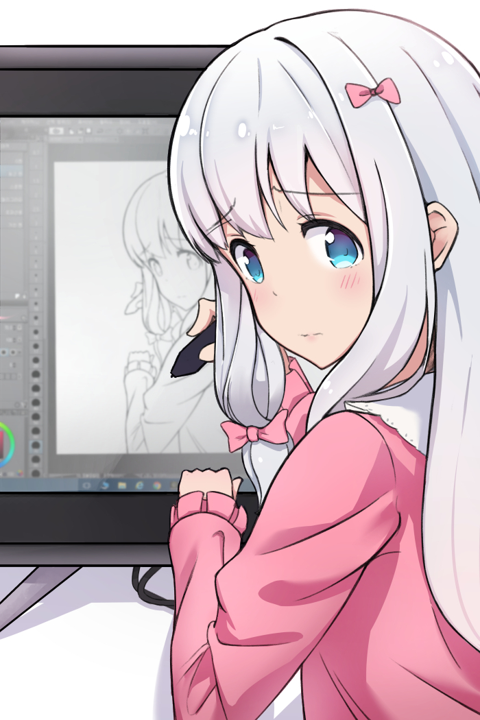 10s, 1girl, artistic_error, blue_eyes, blush, bow, eromanga_sensei, female_focus
