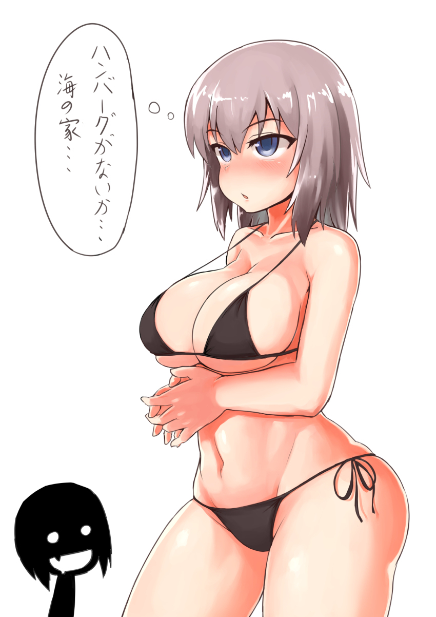 10s, 2girls, bikini, black_bikini, blue_eyes, blush, breasts, commentary_request