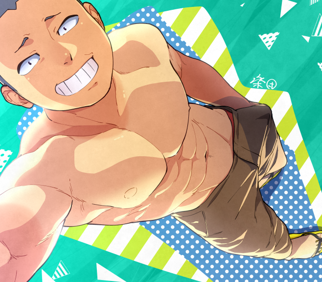 10s, 1boy, abs, bald, flip-flops, gakugakusuru, grin, haikyuu!!