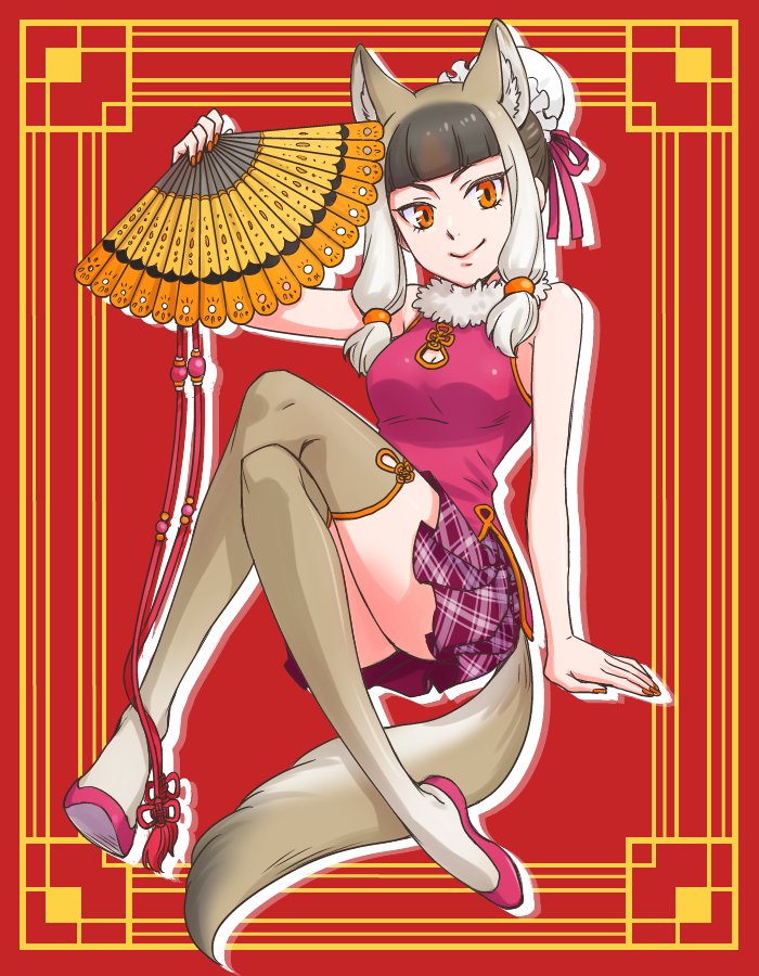 10s, 1girl, animal_ears, arm_at_side, armpit_peek, bad_id, bad_twitter_id, bare_arms, blunt_bangs, breasts, brown_hair, brown_thighhighs, bun_cover, chinese_clothes, cleavage, cleavage_cutout, clothing_cutout, collar, crossed_legs, dudou, eyelashes, female_focus, flats, floating, flower_knot, folding_fan, frills, fukai_(yas_lions), full_body, fur_collar, gradient_hair, gradient_legwear, hair_bun, hair_ornament, hair_ribbon, hand_fan, hand_up, holding, holding_fan, invisible_chair, kemono_friends, light_brown_hair, lips, long_legs, looking_at_viewer, medium_breasts, mongolian_wolf_(kemono_friends), multicolored_hair, multicolored_legwear, nail_polish, orange_eyes, orange_nails, pink_lips, pink_ribbon, pink_shirt, pink_shoes, plaid_clothes, plaid_skirt, pleated_skirt, purple_skirt, red_background, ribbon, shirt, shoe_soles, shoes, sidelocks, single_hair_bun, sitting, skirt, sleeveless, sleeveless_shirt, smile, solo, tail, tassel, thick_eyebrows, thighhighs, tress_ribbon, tsurime, two-tone_legwear, white_hair, wolf_ears, wolf_tail, zettai_ryouiki