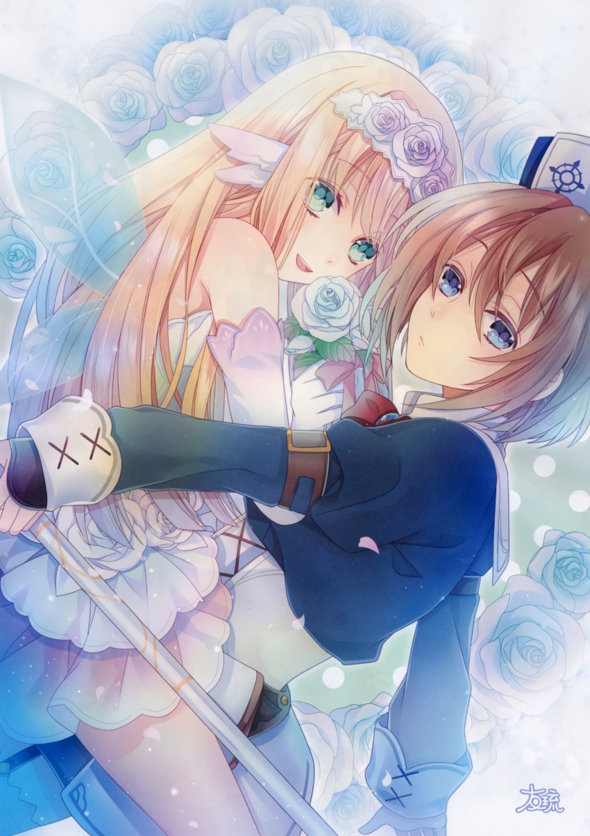 2girls, absurdres, androgynous, artist_request, blanc_(neptunia), blonde_hair, blue_eyes, bouquet_(neptunia)