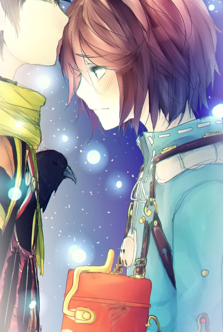 2boys, bird, black_hair, blush, brown_hair, coat, crow, crow_(fragile)