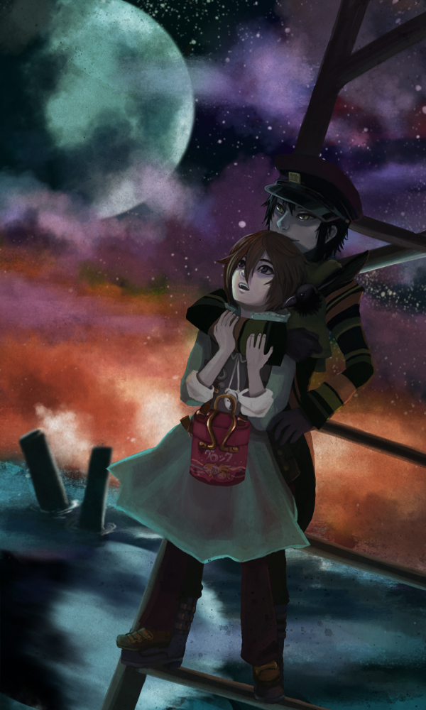 2boys, bird, black_hair, brown_hair, coat, crow, crow_(fragile), feathers