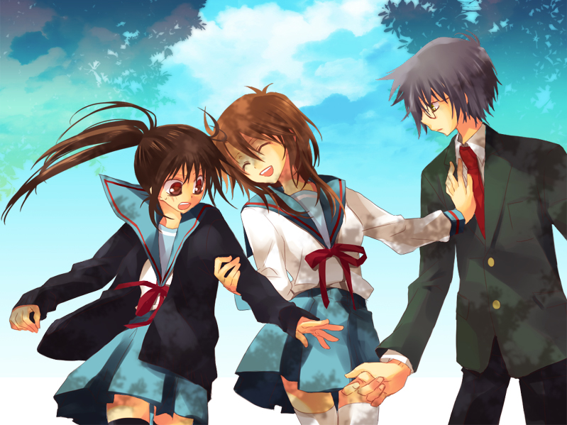 00s, 1boy, 2girls, brown_hair, genderswap, genderswap_(ftm), genderswap_(mtf), glasses