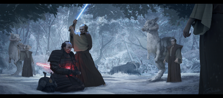 47_ronin, 5boys, adapted_costume, animal, armor, arms_at_sides, arms_up, bald, black_gloves, black_hair, blue_lightsaber, crossover, darth_vader, energy_sword, epic, facial_hair, forest, fur, gloves, hakama, hakama_skirt, helmet, highres, holding, holding_sword, holding_weapon, impaled, jake_rowlands, japanese_armor, japanese_clothes, jedi, kabuto_(helmet), kataginu, kimono, kneeling, kote, kusazuri, letterboxed, lightsaber, long_sleeves, looking_at_another, male_focus, multiple_boys, mustache, nature, on_ground, outdoors, parody, pauldrons, red_lightsaber, reins, saddle, samurai, seppuku, shoulder_armor, signature, sith, skirt, snow, sode, standing, star_wars, suicide, sword, tauntaun, topknot, tree, two-handed, unworn_headwear, unworn_helmet, vehicle, weapon, wide_sleeves, winter