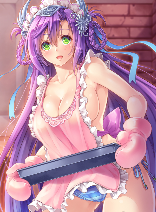 1girl, apron, blue_panties, braid, breasts, brick_wall, cleavage, collarbone