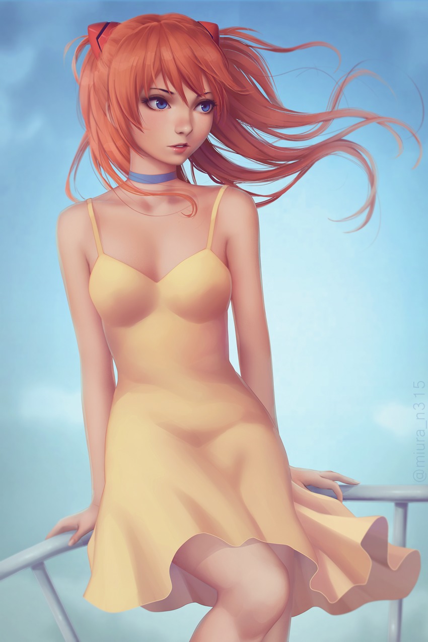 1girl, against_railing, arm_support, arms_at_sides, artist_name, bare_arms, bare_shoulders, blue_eyes, blue_neckwear, blue_sky, breasts, choker, collarbone, commentary_request, cowboy_shot, day, dress, female_focus, floating_hair, hair_ornament, hairpods, highres, interface_headset_(evangelion), leaning_against_railing, leg_up, light_smile, lips, long_hair, looking_away, looking_to_the_side, miura-n315, neon_genesis_evangelion, outdoors, parted_lips, railing, realistic, red_lips, sky, sleeveless, sleeveless_dress, small_breasts, solo, souryuu_asuka_langley, spaghetti_strap, standing, standing_on_one_leg, sundress, twitter_username, wind, yellow_dress