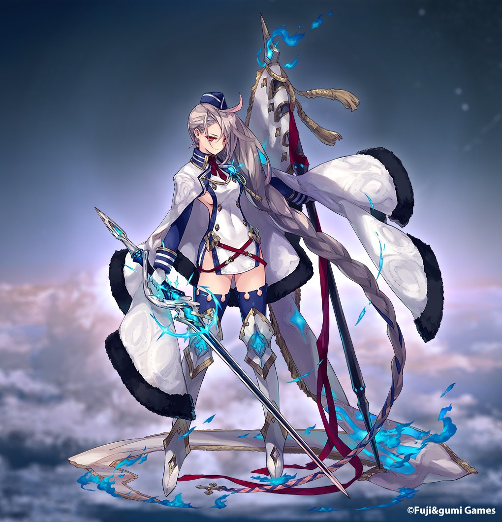 absurdly_long_hair, armor, armpits, blue_fire, blurry, blurry_background, braid, braided_ponytail, breasts, cape, clothing_cutout, cloud, company_name, covered_navel, cross, fire, flag, full_body, fur_trim, glowing, glowing_sword, glowing_weapon, greaves, hair_ornament, hat, long_hair, medium_breasts, miniskirt, necktie, official_art, phantom_of_the_kill, ragnarok_(phantom_of_the_kill), red_eyes, serious, side_cutout, sideboob, single_braid, skirt, sky, sleeve_cuffs, solo, star_(sky), starry_sky, sword, thighhighs, very_long_hair, weapon