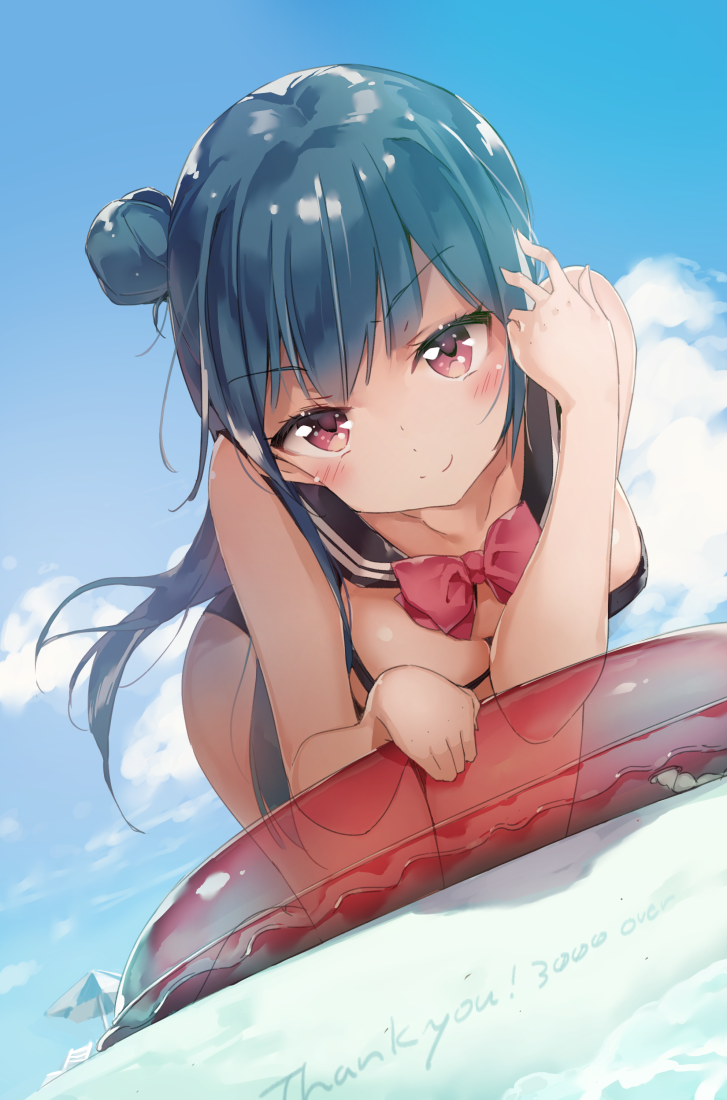 10s, 1girl, all_fours, bikini, blue_hair, blush, breasts, cleavage