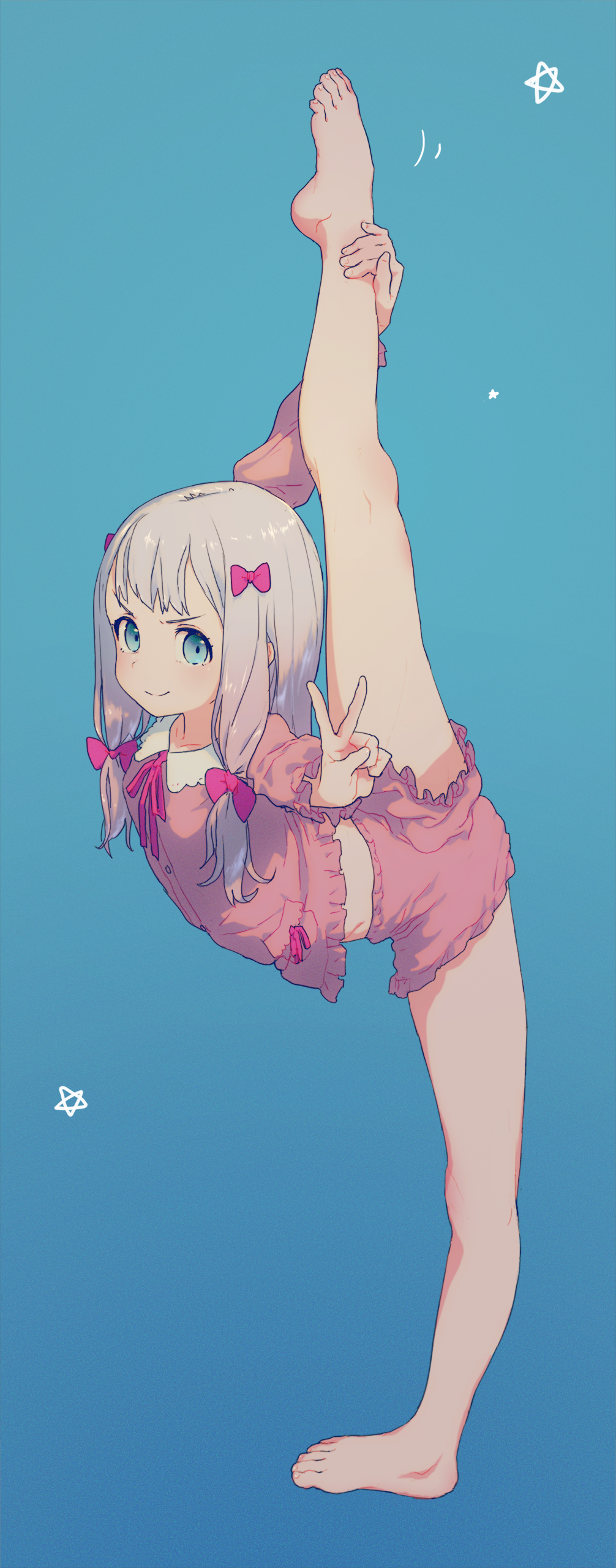 >:), 10s, 1girl, absurdres, alphabet_(alphabetnoon), arched_back, arm_up, bad_id, bad_pixiv_id, bare_legs, barefoot, blue_background, blue_eyes, bow, closed_mouth, commentary, eromanga_sensei, feet, female_focus, flexible, foreshortening, frills, from_side, full_body, gradient_background, grey_hair, hair_bow, highres, izumi_sagiri, leg_lift, leg_up, long_hair, long_sleeves, looking_at_viewer, navel, neck_ribbon, outstretched_arms, pajamas, plantar_flexion, purple_bow, revision, ribbon, shorts, smile, smug, solo, split, standing, standing_on_one_leg, standing_split, star_(symbol), stretching, tareme, toes, v, v-shaped_eyebrows, wing_collar