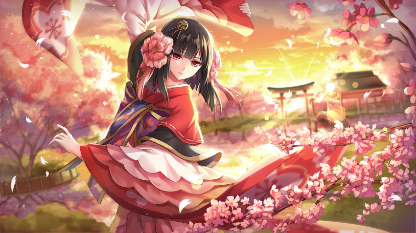 1girl, althea_(sakiya0000), black_hair, cherry, cherry_blossoms, dancing, facial_mark, female_focus, floral_print, flower, food, forehead_mark, fruit, hair_flower, hair_ornament, highres, japanese_clothes, kimono, long_sleeves, obi, onmyoji, outdoors, pink_flower, red_eyes, sash, short_hair, smile, solo, sunset, torii, wide_sleeves, ying_hua_yao
