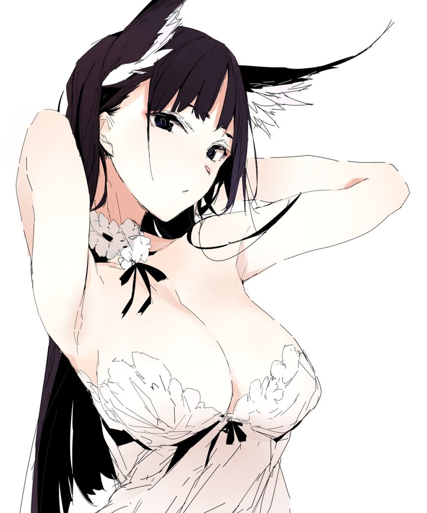 1girl, animal_ears, armpits, arms_up, bare_shoulders, black_hair, blue_eyes, breasts