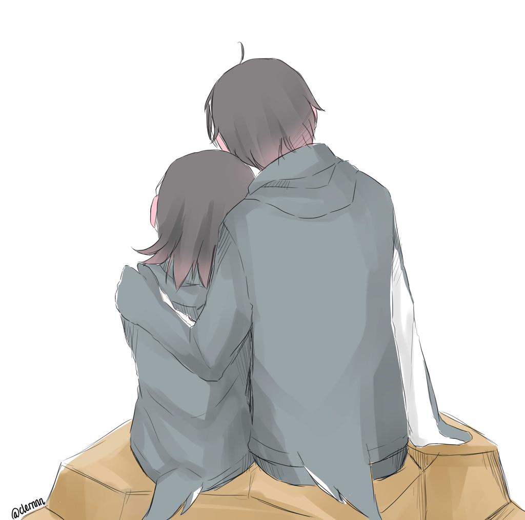 10s, 1boy, 1girl, artist_request, bird, brown_hair, from_behind, grape-kun