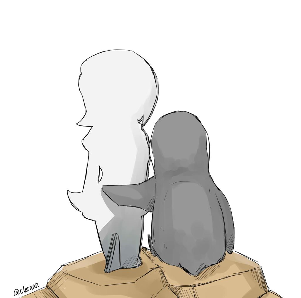 10s, 1boy, 1girl, artist_request, bird, character_cutout, from_behind, grape-kun, humboldt_penguin, humboldt_penguin_(kemono_friends), kemono_friends, kureno_(clern), male_focus, no_humans, penguin, rock, simple_background, twitter_username, white_background