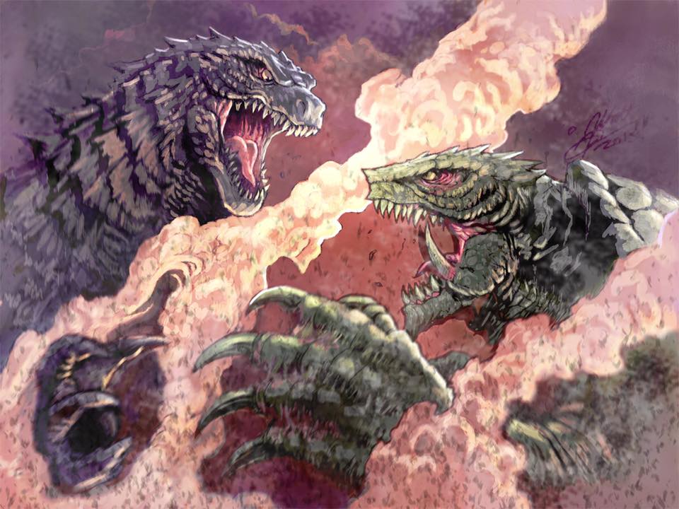artist_collaboration, battle, crossover, daiei_film, dinosaur, gamera, gamera_(2015_short), gamera_(series), gamera_3:_revenge_of_iris, giant, giant_monster, gills, godzilla, godzilla_(2014), godzilla_(series), kaiju, legendary_pictures, marza_animation_planet, matt_frank, monster, monsterverse, omnibus_japan, toho, truz_art, turtle, tusks