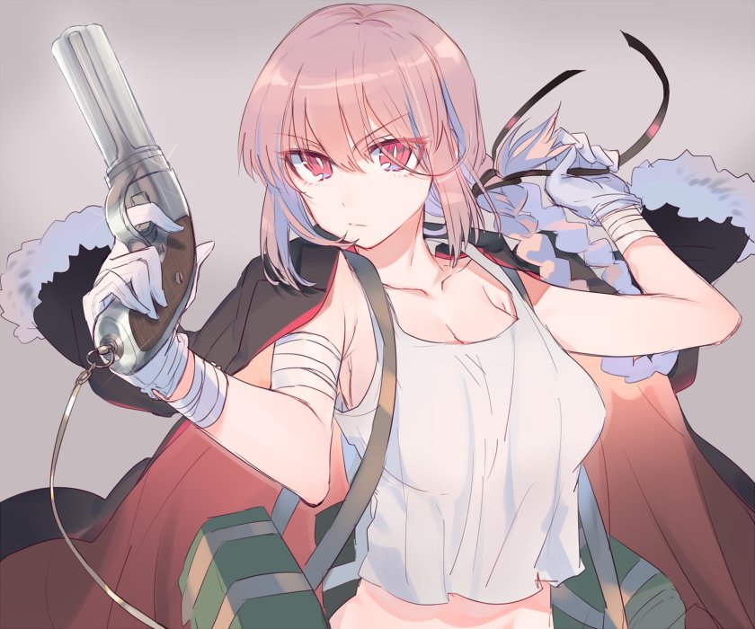 1girl, bag, bandaged_arm, bandages, braid, breasts, bright_pupils, cleavage, collarbone, cow_(shadow), fate/grand_order, fate_(series), female_focus, florence_nightingale_(fate), fur_trim, glint, gloves, gun, hair_ribbon, handgun, jacket, jacket_on_shoulders, large_breasts, long_hair, midriff, pink_eyes, pink_hair, ribbon, shoulder_bag, simple_background, single_braid, solo, strap_slip, tank_top, weapon, white_gloves, white_pupils