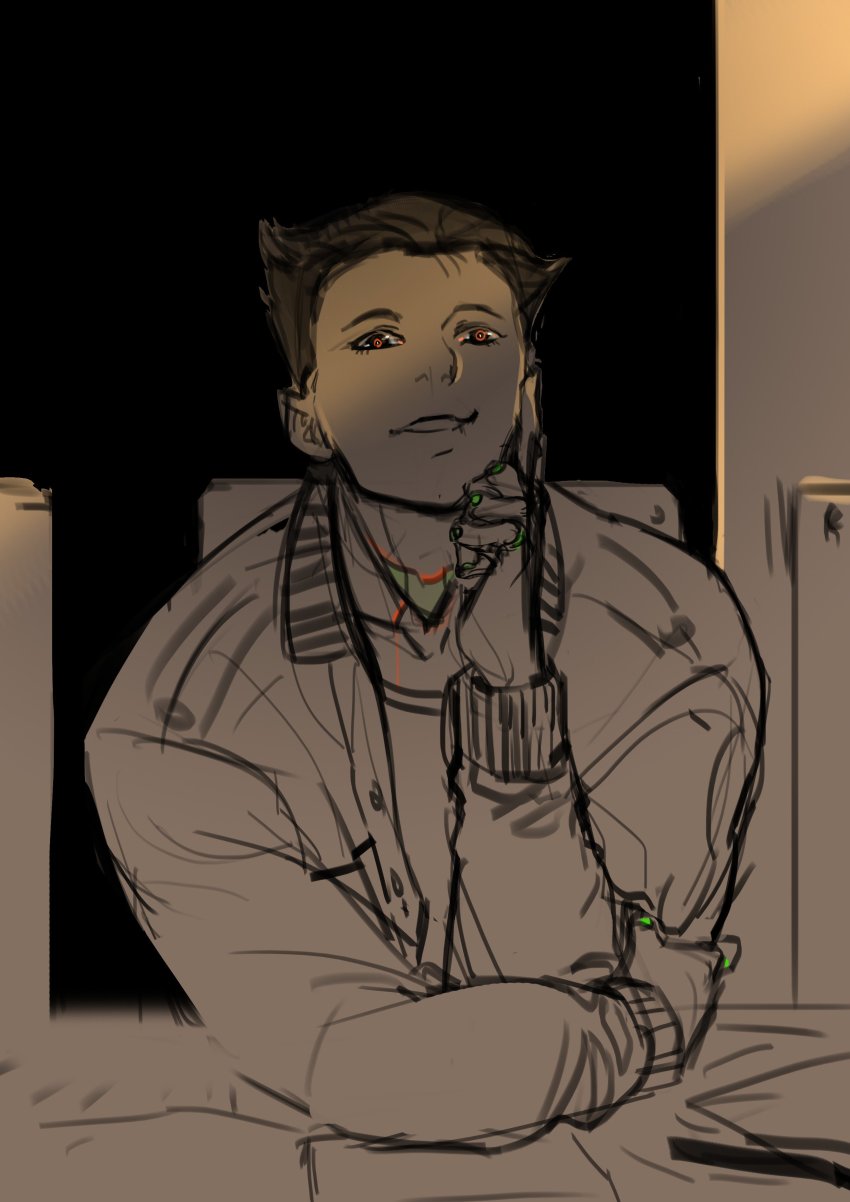 1boy, a106, absurdres, android, arm_rest, atom:_the_beginning, atom_(tetsuwan_atom), black_hair