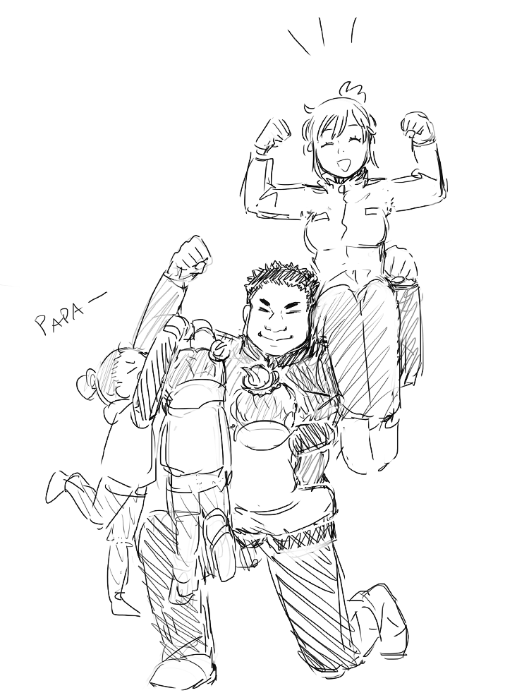 10s, 1boy, 4girls, ^_^, carrying, clenched_hands, closed_eyes, family