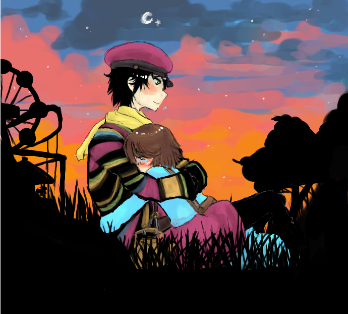 2boys, black_hair, blush, brown_hair, coat, crow_(fragile), crying, fragile