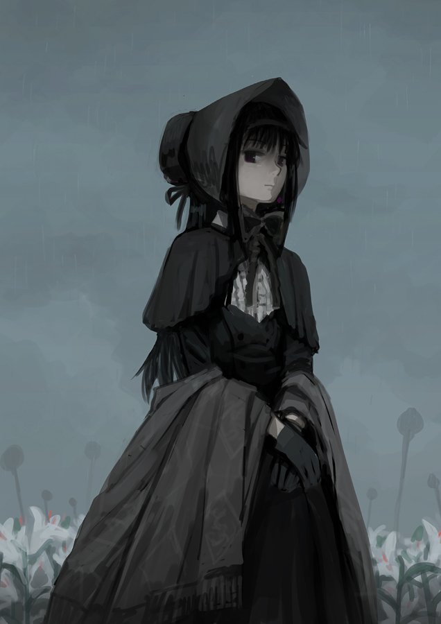 1girl, akemi_homura, akemi_homura_(black_dress), black_bow, black_dress, black_gloves, black_hair, black_ribbon